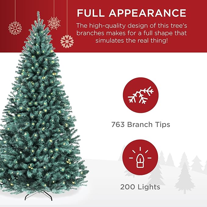 Best Choice Products 4.5ft Pre-Lit Blue Spruce Christmas Tree, Artificial Full Hinged Decor, Holiday Decoration w/ 100 Warm White Incandescent Lights, 436 Tips, Foldable Metal Base