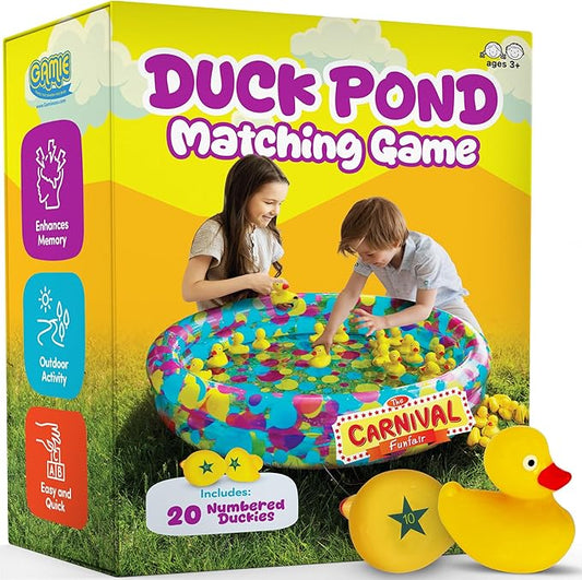Gamie Duck Pond Matching Carnival Game for Kids, 36" x 6" Inflatable Pool & 20 Plastic Ducks with Numbers, Water Outdoor Game for Kids, Fun Memory Game for Backyard, Birthday Party Field Day Games