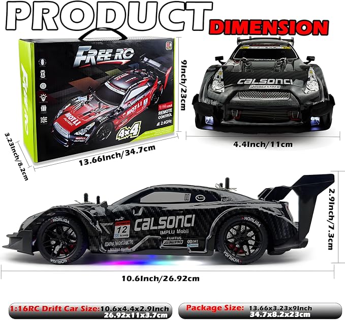 1:16 RC Drift Car 2.4GHz Spray 4WD LED Lights 30+KM/H High Speed Remote Control Car 2 Batteries 60Min Infinitely Variable Speed Drift Car Toys for Adults and Kids (Black 1:16)