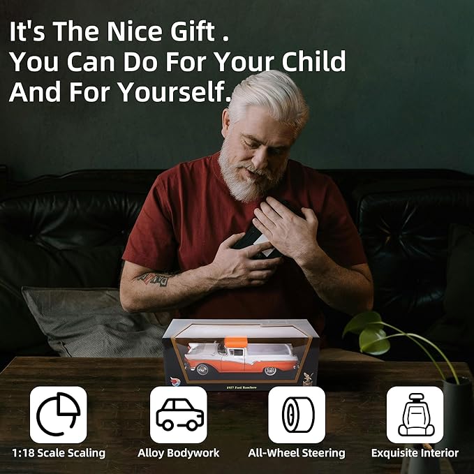 1957 Ford Ranchero 1:18 Diecast Model Officially Licensed Alloy Collection Car w/Working Doors & Hood, Classic Pickup Best Gift for Men, Dad & Kids 14+ Years (Orange)