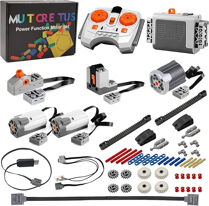 54PCS Power Function Motor Kit, Infrared Remote Control&Battery Pack Motor Set, Compatible with Lego Technic Sets, New Light Gray Electric Functions Motors and Gears, Kid&Adult