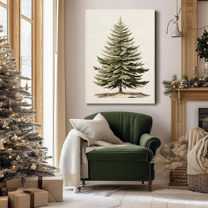 AbcCustomize Vintage Christmas Tree Canvas Wall Art, Botanical Pine Tree Print Poster, Rustic Holiday Canvas Wall Art for Christmas Decorations, Gifts and Winter Decor, Ready to Hang