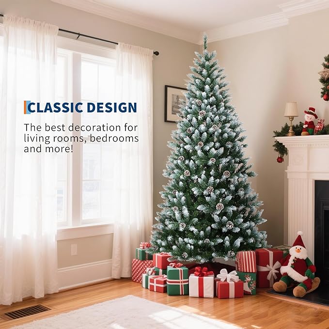 2025 Christmas Pre-Lit Pencil Tree 7.5FT with Lights, Automatic White Spray Artificial Xmas Tree with Pinecone, Decor for Christmas Holiday