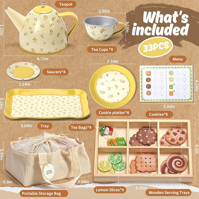 Kids Tea Party Set for Little Girl, Tea Sets for Toddler Pretend Play Food Kitchen Toy Accessories Gift for 3 4 5 6 Years Old Girls Boys (Yellow)