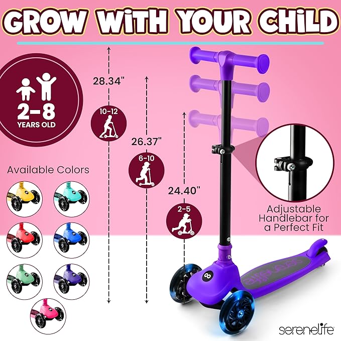 SereneLife 3 Wheel Foldable Kids Scooter - Foldable Seat, LED Wheel Lights, Adjustable Handlebar, Rear Foot Brake, Lean-to-Steer, Anti-Slip Deck, Ideal for Toddlers Kids 3+, up to 110Lbs
