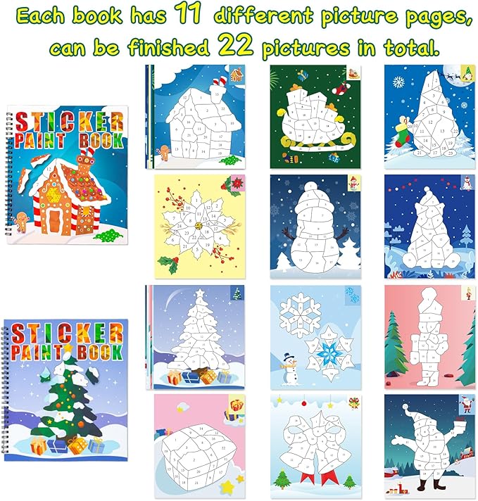 2PCS Christmas Crafts for Kids Ages 4-8 Sticker Paint Books - Includes Santa Clause Snowman Elf Gnome and More Designs Gift Party Create 22 Pictures