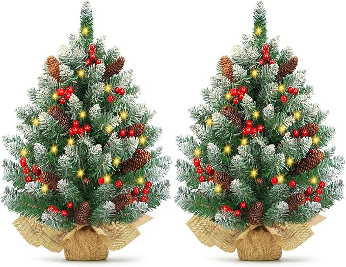[2 Pack & Timer] 24 Inch Realistic Snowy Tabletop Christmas Tree Small Christmas Tree with 50 Warm Lights Battery Operated Red Berries Pine Cone Burlap Base Indoor Home Table Christmas Decorations