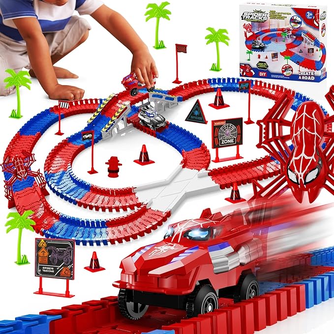 Spider Race Track Toy for Boys 4-6, Race Car Set with 2 Spider Cars, DIY Flexible Tracks Playset, Toddler STEM Building Toys for Girls, Birthday Gift for Kids Ages 3 4 5 6 7