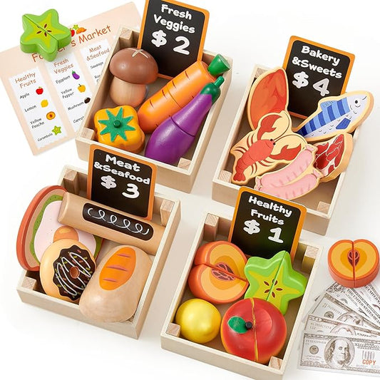 Toyssa Wooden Play Food Sets for Kids Kitchen, Play Toy Foods for Toddlers with Realistic Colors & Play Money, Pretend Play Kitchen Accessories Christmas Birthday Gifts for Girls Boys 3 4 5 6 7