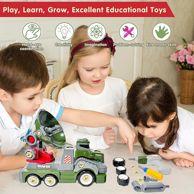 11inches Large Take Apart Trucks Army Toys for Boys Girls Kids 3-10 Year Old Radar Trucks Toys with Electric Drill Assembly Toy