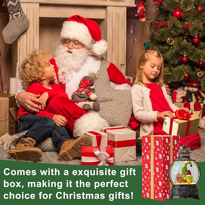 Christmas Snow Globe Lighted Gnomes Santa Elf Whimsical Christmas Tree Scene, Musical Snow Water Lantern Swirling Glittering Home Decoration and Gift, Battery Operated or USB Powered