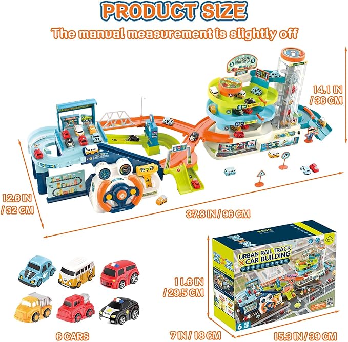 Fisca 2-in-1 Race Car Tracks PlaySet for Kids, Toy Car Ramp Track and Lifting Parking Lot, Dual Mode Toddler Car Track Toy Playset with 6 Cars, Automatic Rotary Elevator, Steering Wheel Music Driving