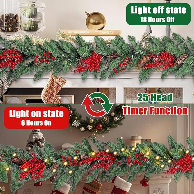 Christmas Garland Lighted Indoor Outdoor Decorations Artificial Christmas Garlands with Light Mantel Pine Cone Red Berries for Door Porch Holiday Party Outdoor Indoor Xmas Decor 6FT