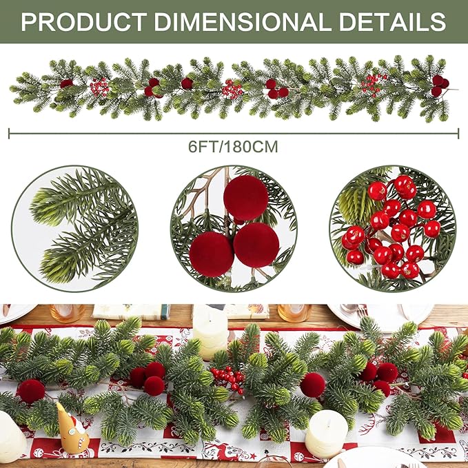 SY Super Bang 6FT Christmas Garland, Artificial Green Garland Christmas Decorations with Velvet Ball Red Berry Exquisite Ornaments, for Indoor Outdoor Home Table Fireplace Xmas Party Holiday Decor.