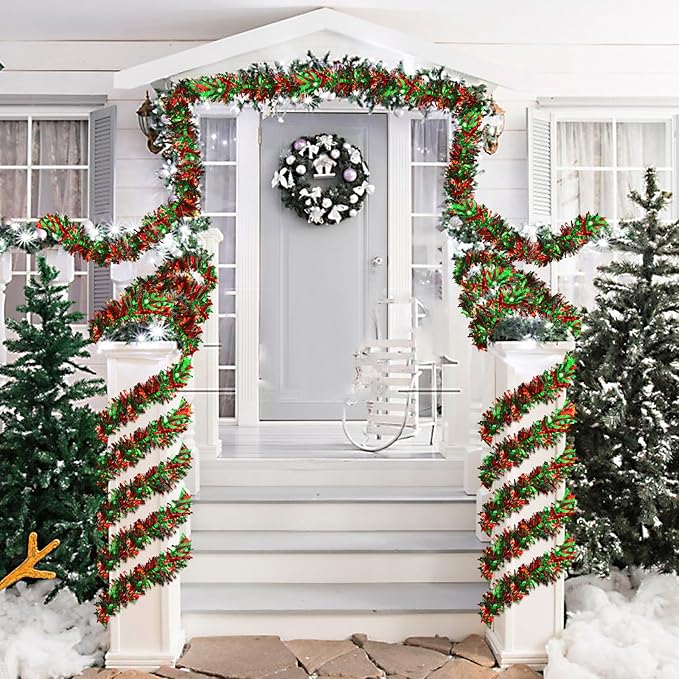 50ft Metallic Tinsel Garland - Christmas Tree Hanging Decorations (Red, Green, Black)