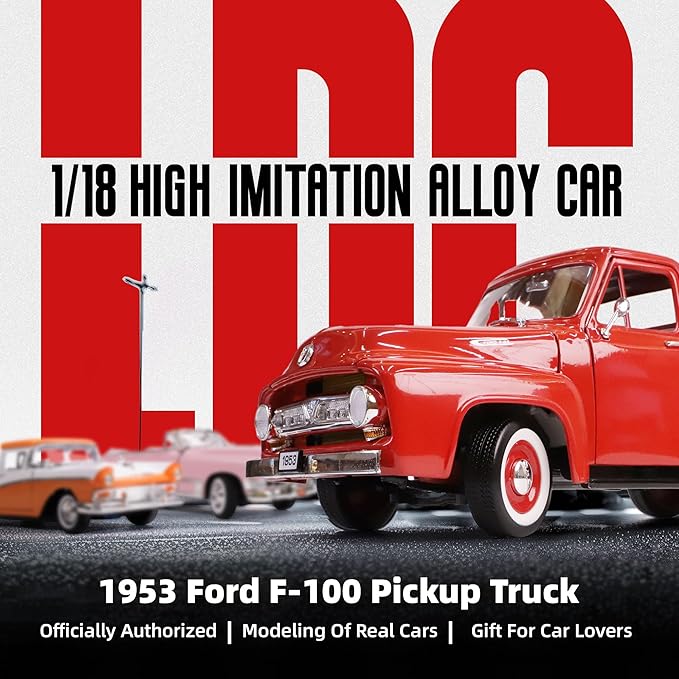 1953 Ford F-100 Pickup Truck 1/18 Scale Die-Cast Metal Model Alloy Collection Cars with Display Case, with Opening Doors, Best Gift for Men, Dad & Kids 14+ Years(Red)