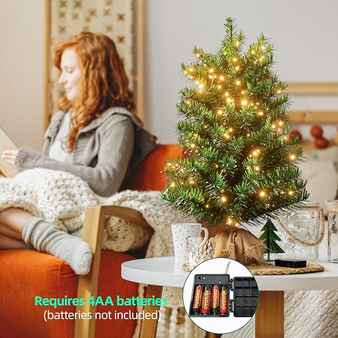 Pre-lit Mini Christmas Tree, 2ft Christmas Tree with 50 Led Warm Lights, Artificial Christmas Tree with 72 Branch Tips, Battery Operated Small Xmas Tree for Table Desk Best Holiday Home Decorations