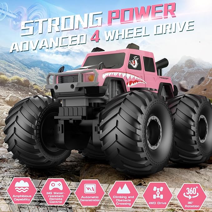 NQD® Monster Truck Toys, Waterproof 360°Rotate 4x4 RC Truck, Amphibious Remote Control Monster Trucks, 2.4GHz All Terrain Off-Road Pickup Toy RC Car for Gifts for Boys Kids Age 6 7 8 9 10 11 12+,Pink