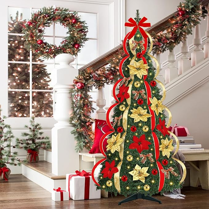 [ 8 Modes & Timer ] 6 Ft Prelit Full Pop Up Christmas Tree with 200 Warm White LED Lights, Ornaments, Red & Gold Ribbon, Bows, Plug in Collapsible Christmas Trees Outdoor Indoor Christmas Decor