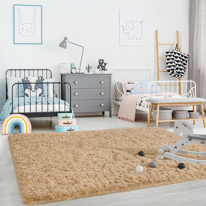 Ompaa Beige Area Rug 9x12 Rugs Large Living Room Fluffy Carpet for Bedroom Dorm, Non-Slip High Pile, Light Tan Modern Big Shag Rug for Classroom Kids Playroom Nursery Home Office Decor