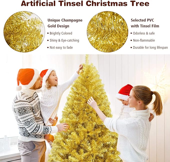 GOFLAME 7.5 FT Christmas Tree, 1036 Branch Tips, Artificial Tinsel Christmas Tree with Metal Stand, Artificial Hinged Christmas Tree for Indoor and Outdoor Holiday Decoration, Champagne Gold