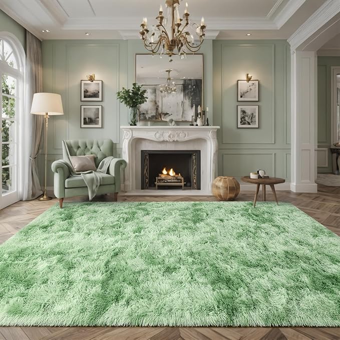 Nuttumico Fluffy Modern Area Rugs for Living Room Bedroom, 4x6 ft Sage Green Tie-Dyed Plush High Pile Rug for Kids Girls Room Nursery Home Decor, Upgrade Non-Slip Soft Indoor Rug