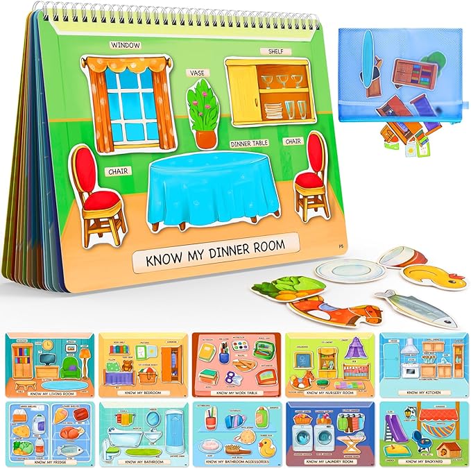 Childrens Books - Sticker Book for Toddlers 2-4 Years Pre-Assembled, Home Scenes Educational Toy - Montessori Inspired, Easy Travel, Reusable Stickers, Toys for 2-3 Year Old Girls Boys