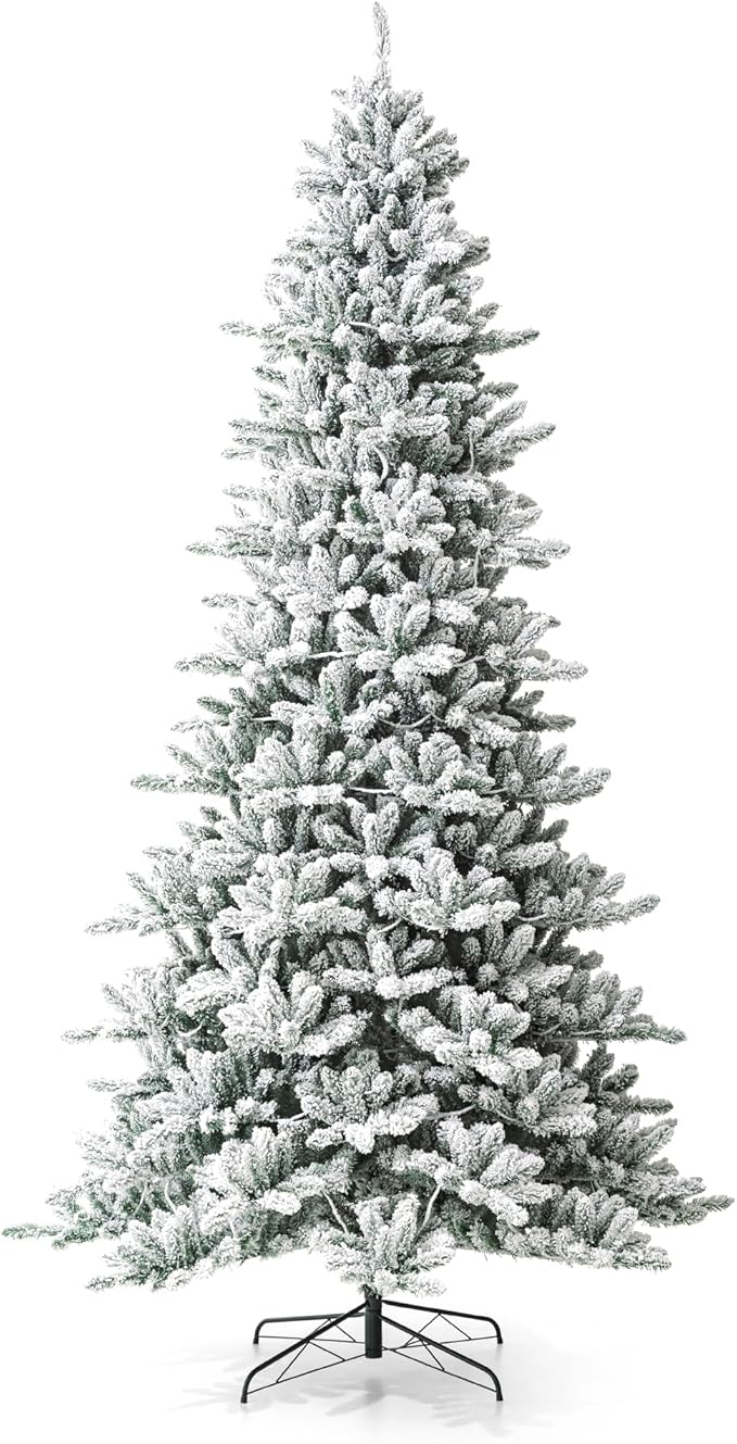 Glitzhome 9ft Pre-Lit Snow Flocked Fir Artificial Christmas Tree, Holiday Xmas Tree with 650 Warm White Lights and Sturdy Metal Stand for Home, Office, Party Decoration