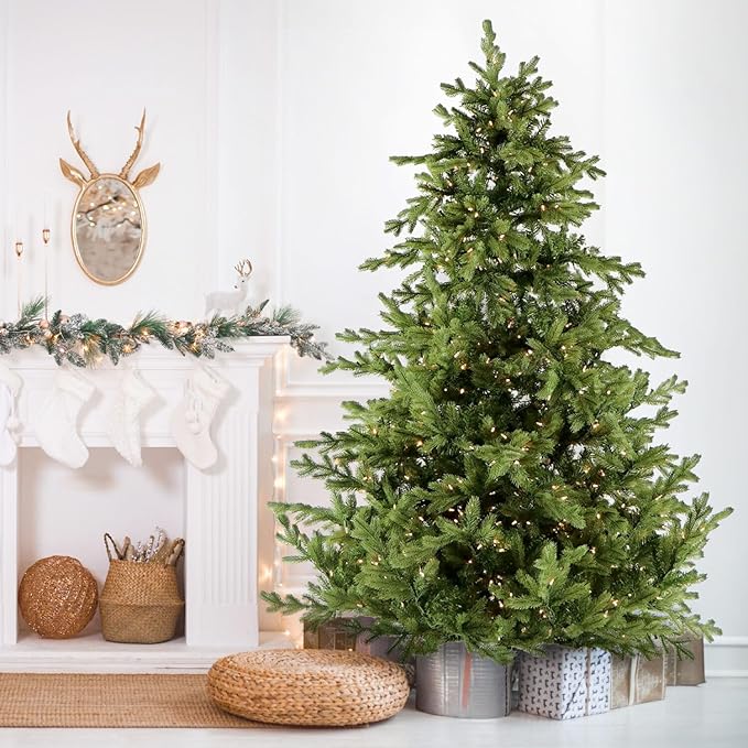 Fraser Hill Farm Woodside Pine Christmas Tree, 9 Feet Tall, Faux Xmas Tree Includes Warm White LED Lights with Easy to Connect Features, Great Indoor Holiday Décor