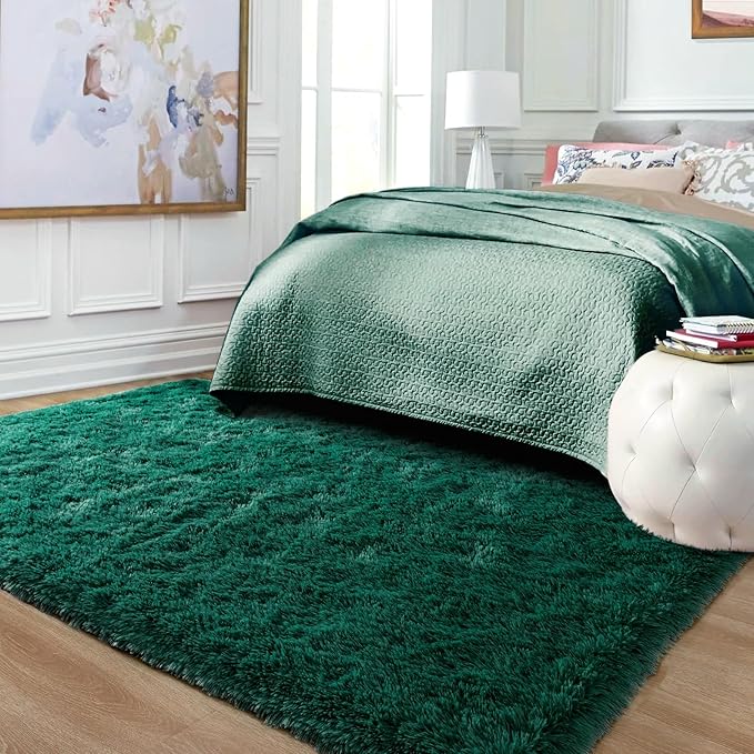 Ompaa Dark Green Rug 5x8 Fluffy Emerald Area Rugs for Bedroom Living Room Carpet, Non-Slip High Pile, Modern Fuzzy Shaggy Deep Grass Green Rug for Classroom Kids Playroom Nursery Home Office Decor