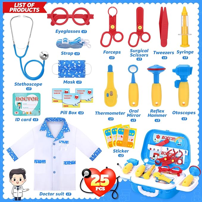 GINMIC Kids Doctor Play Kit, 22 Pieces Pretend Play Doctor Set with Roleplay Doctor Costume and Carry Case for Toddlers and Kids, Medical Dr Kit Toys for Girl Age 3 4 5 6 7 Year Old (Blue-1)