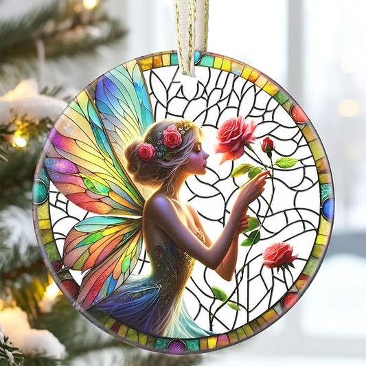 3.5 Inch Ceramic Christmas Tree Ornament, Enchanting Fairy & Rose Christmas Ornaments, Heirloom Keepsake, Gift Exchange, Gift Idea, Bauble Present