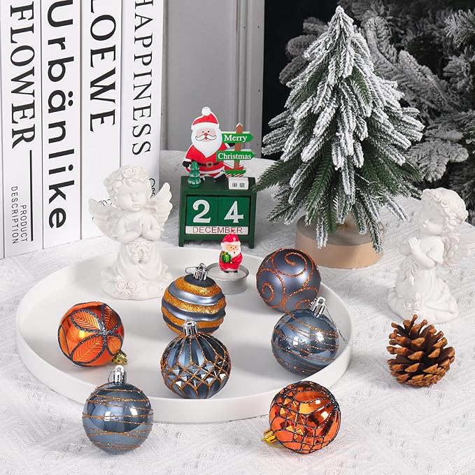 100Pcs Christmas Ball Ornaments Set, Shatterproof Plastic Blue & Orange Christmas Ornaments for Xmas Tree, Assorted Baubles Hanging Decorations for Holiday/Party/Wedding (Blue & Orange)