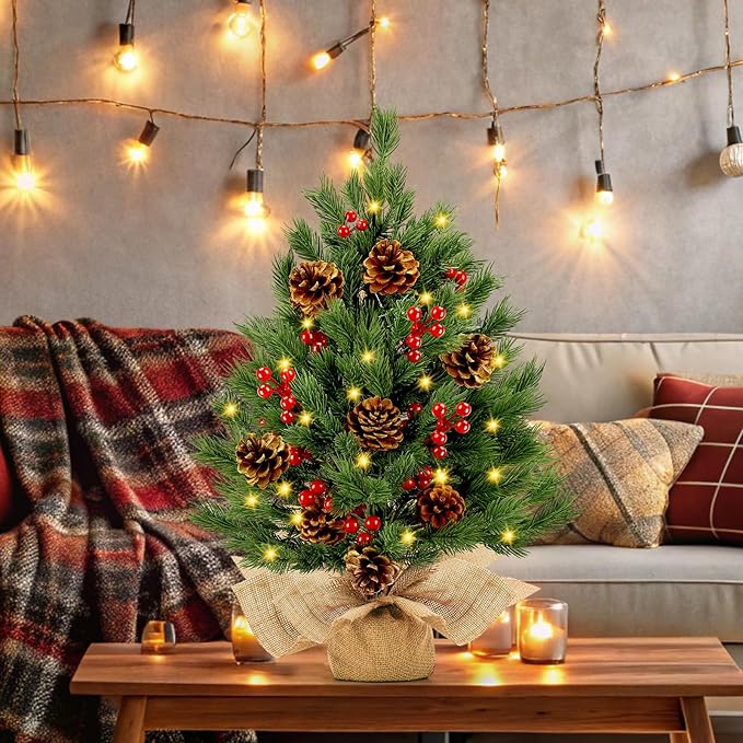 [ 8 Modes & Timer] 24 Inch Realistic Tabletop Christmas Tree Small Christmas Tree with 50 Warm Lights Battery Operated Red Berries Pine Cone Burlap Base Indoor Home Table Christmas Decorations