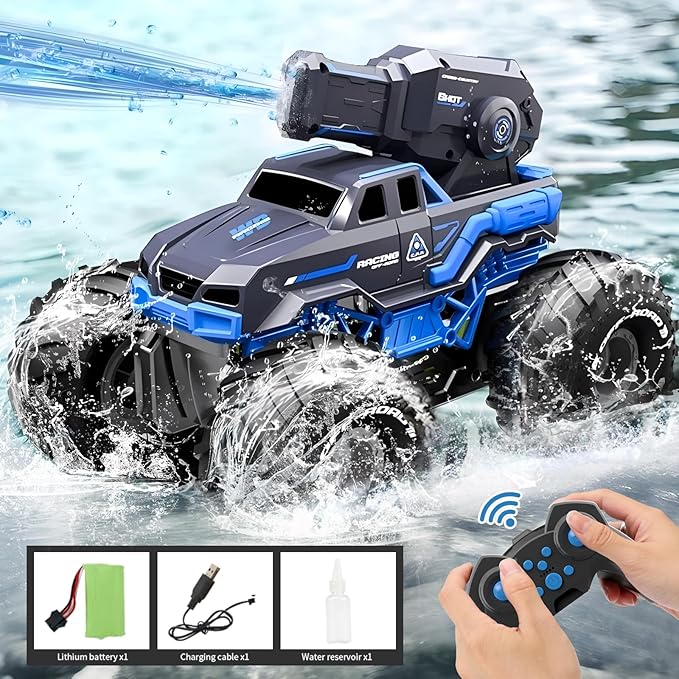 Amphibious Remote Control Car Boat Water Squirt RC Tank 2.4GHz Gesture Sensor 4WD Monster Truck Waterproof RC Car for 6 7 8 9-12 Kids Girls Boys Gift Beach Pool Water Toy With 2 Replaceable Batteries