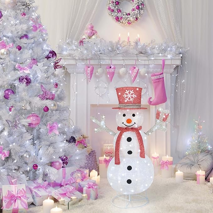 Outdoor Snowman Lighted, Pop-Up Snowman Outdoor Yard Christmas Decorations Prelit 100 Lights, Collapsible Lighted Snowmen Wear Scarf and Hold Light Up Gift Box for Home Pink Christmas Décor-Pink