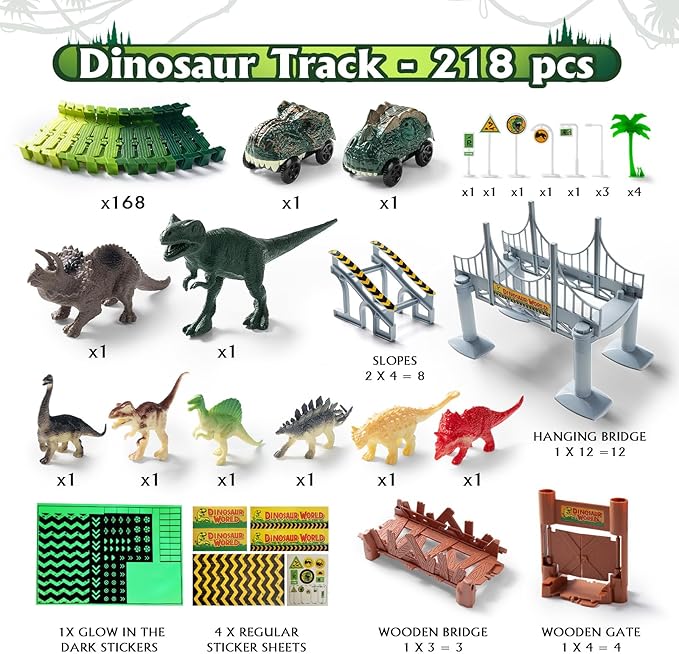 218 PCS Race Tracks Dinosaur Toys for Kids 3-5, Glow in The Dark Magic Toy Set, 2 Dinosaur Cars Track, Flexible DIY Track Set, Birthday Gift for Age 3-9 Boys Toddler Girls