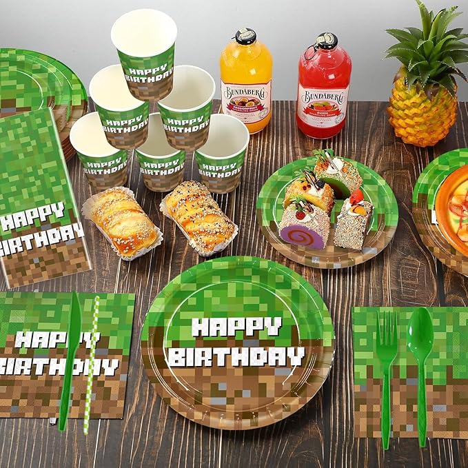 218pcs Green Birthday Party Decorations Plates Napkins Banner Tablecloth Disposable Paper Cups Straws Green Forks Party Supplies Tableware Set for Boys Kid Teen Birthday Decor Serves 24