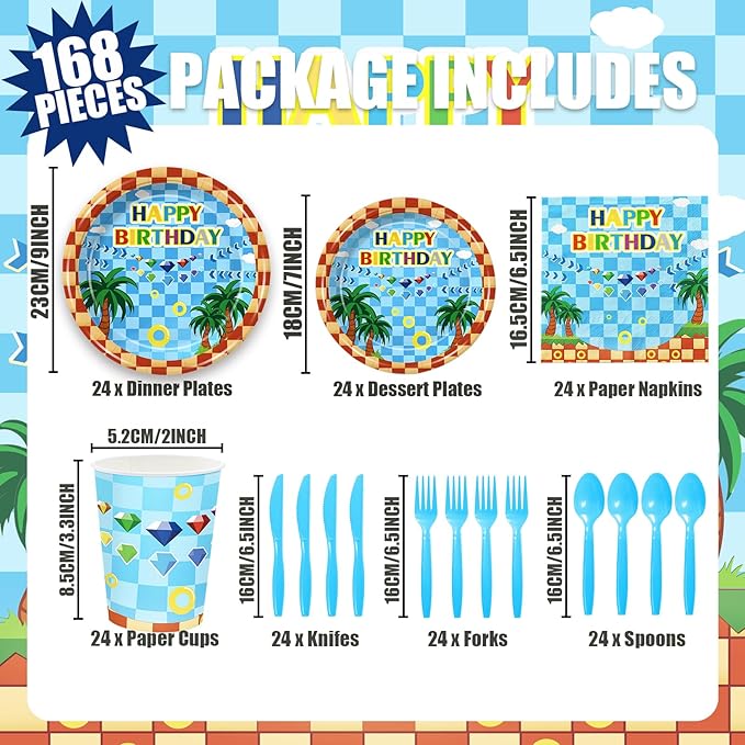 168pcs Cartoon Hedgehog Party Supplies Hedgehog Theme Birthday Decorations Tableware Set Paper Plates and Napkins Serves 24