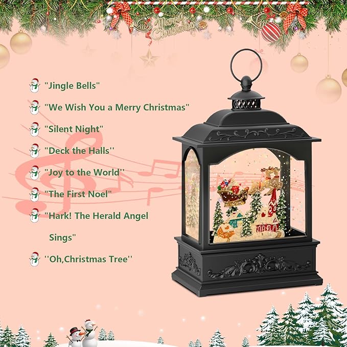 Musical Christmas Snow Globe Lantern with Flying Santa, Swirling Glitter Lighted Water Lantern, 6H Timer, USB or Battery Powered Holiday Decoration