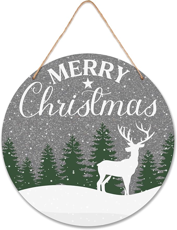Merry Christmas Tree Sign Decorations, 10x10 Inch Xmas Reindeer Decorative Wooden Plaque with Jute Rope for Door Wall Shelf Decor, Winter New Year Gifts-MBA03