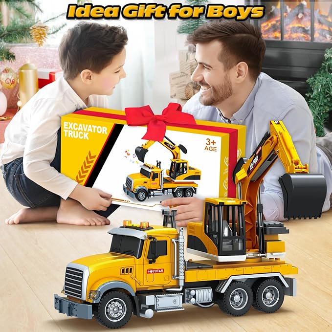 Kids Toys for 3 4 5 6 7 8 Years Old Boys, Large Excavator Truck Toy with Lights, Sounds, Toddler Friction Powered Truck Vehicle Toy for Boys Girls Christmas Birthday Gifts