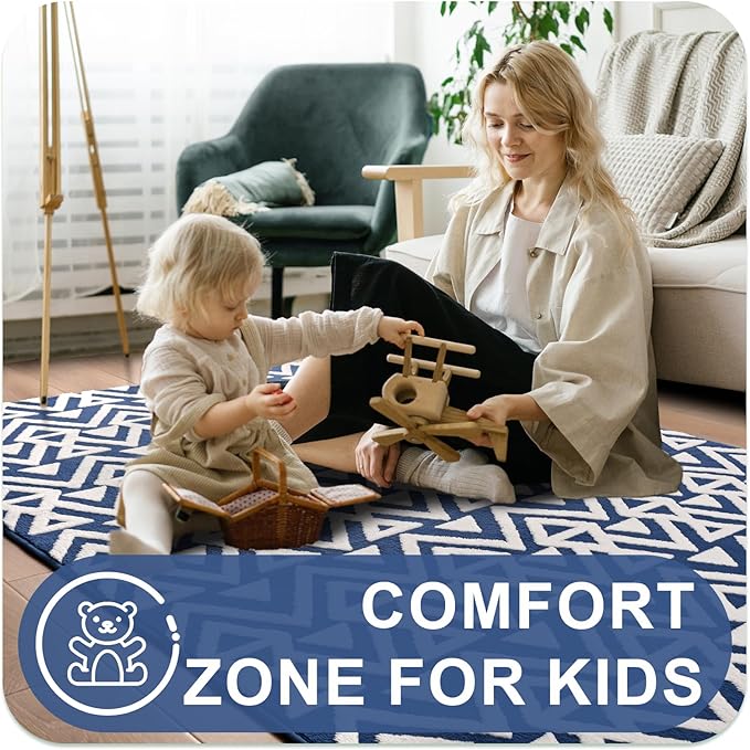 Ompaa Ultra Soft Shaggy Rugs Memory Foam Bedroom Carpet, Blue 7 x 10 Feet Large, Plush Geometric Textured Area Rugs for Living Room Couch Dorm Bedside Kids Girls Teens Room Nursery Decor Floor Mat