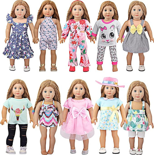 10 Sets of 18 Inch American Doll Clothes, Including 10 of Doll Clothing Dress Outfits for American Dolls, Birthday Gifts for Kids