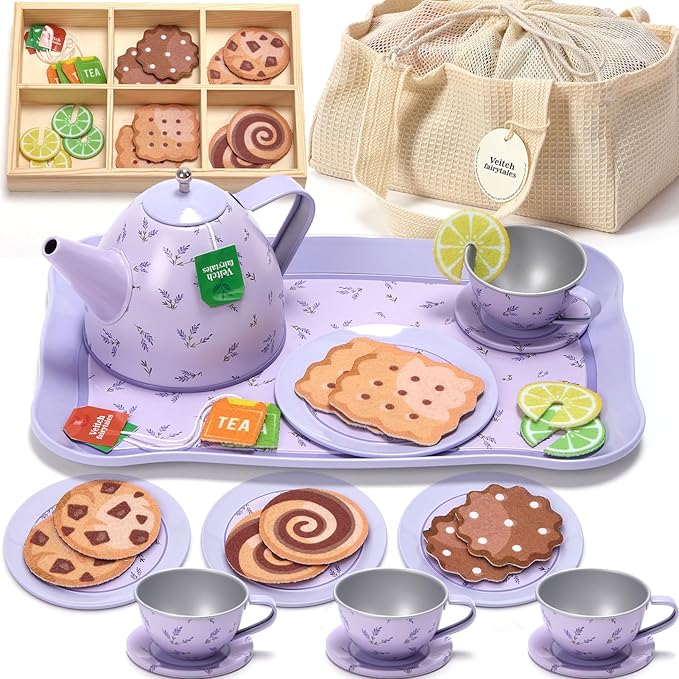 Kids Tea Party Set for Little Girl, Tea Sets for Toddler Pretend Play Food Kitchen Toy Accessories Gift for 3 4 5 6 Years Old Girls Boys (Purple)
