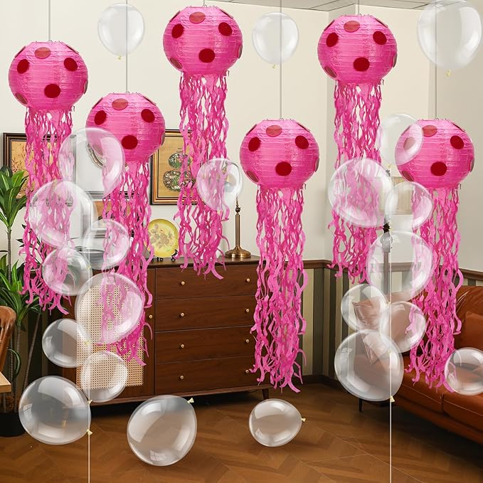 6 Set Sponge Party Hanging Jellyfish Decorations 8 Inch Jellyfish Paper Lanterns with 100 Pcs 5 Inch 10 Inch Clear Balloons Jellyfish Hanging Decor for Birthday Party Ocean Decorations