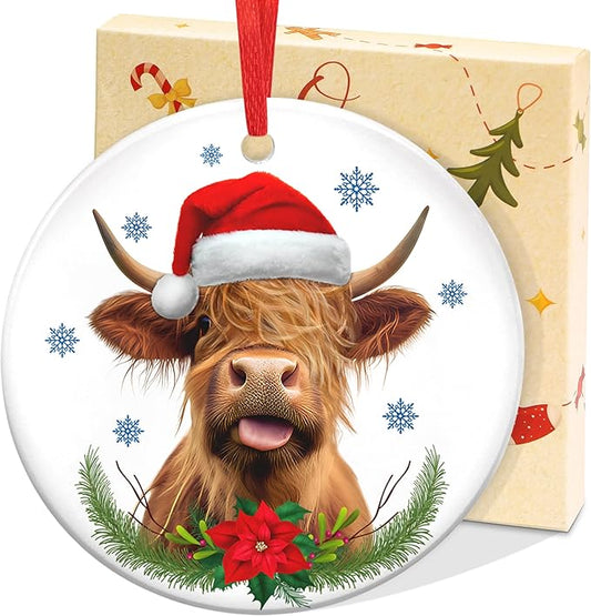 OASSIE Highland Cow Christmas Ornaments Gifts for Women Men - Ceramic Ornaments 2025 for Tree Decorations - Cow Ornament for Farmhouse Decorations, Hanging Ornament for Rustic Tree, Farm Animal Gifts