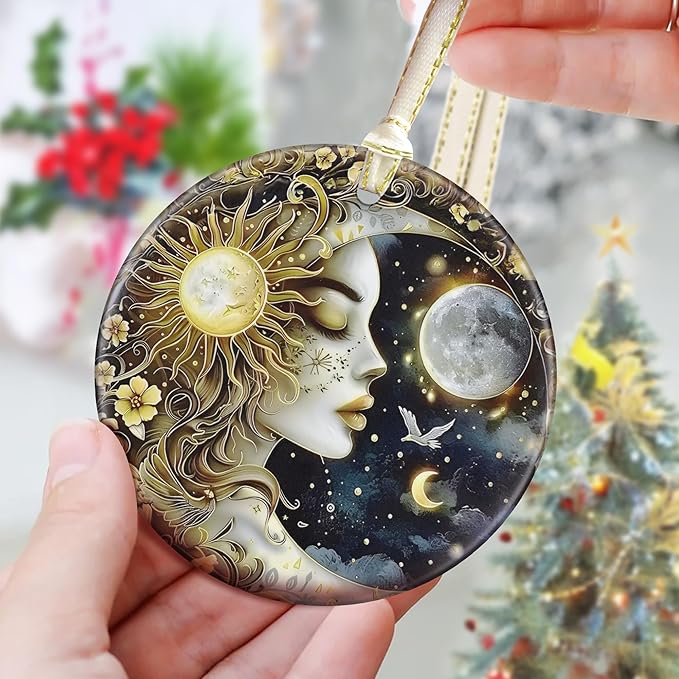 3.5" Ceramic Christmas Ornaments, Christmas Tree Ornaments, Heirloom Keepsake, Gift Exchange, Gift Idea, Bauble Present - Sun and Moon