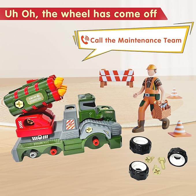 11inches Large Take Apart Army Toys for Boys Girls Kids 3-5 6-8 Year Old Missile Katyusha Rocket Trucks with Electric Drill Assembly Toy Set Gifts