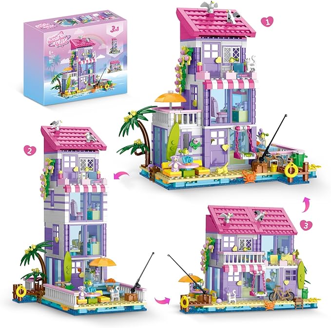 3 in 1 Pink Girls Beach House Building Set with Light, Seaside Villa Friends Building Toys, Compatible with Lego Friends Construction Educational Toy for Adults Kids Age 8-12 and Up (961 PCS)